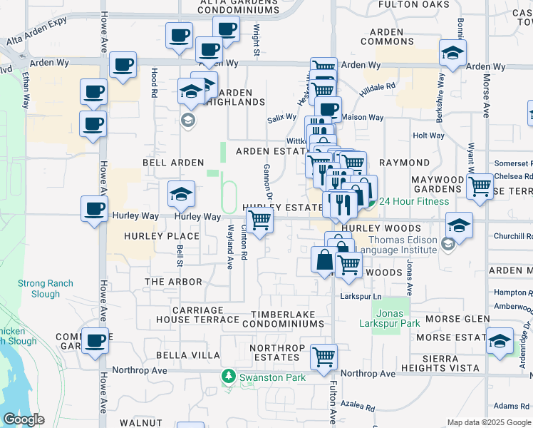 map of restaurants, bars, coffee shops, grocery stores, and more near 1301 Gannon Drive in Sacramento