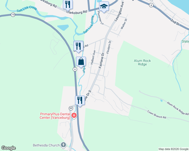 map of restaurants, bars, coffee shops, grocery stores, and more near 792 Fairlane Drive South in Vanceburg