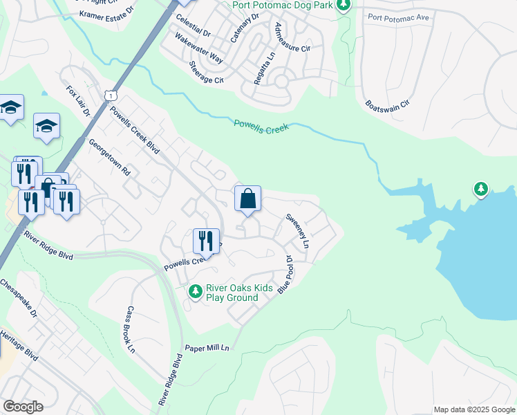 map of restaurants, bars, coffee shops, grocery stores, and more near 2589 Grayton Lane in Woodbridge