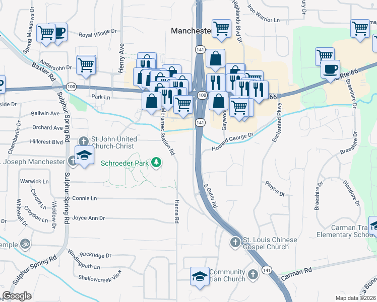 map of restaurants, bars, coffee shops, grocery stores, and more near 311 Meramec Station Road in Ballwin