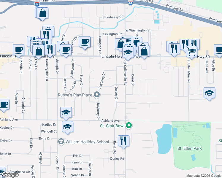 map of restaurants, bars, coffee shops, grocery stores, and more near 920 Holliday Drive in Fairview Heights