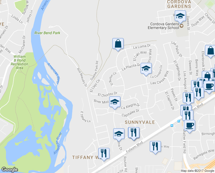 map of restaurants, bars, coffee shops, grocery stores, and more near 2222 El Cejo Circle in Rancho Cordova