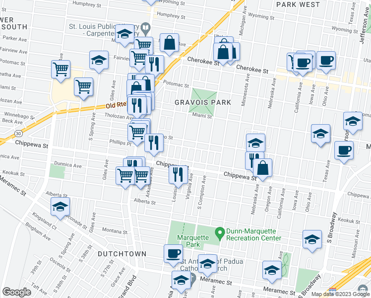 map of restaurants, bars, coffee shops, grocery stores, and more near 3718 Louisiana Avenue in St. Louis