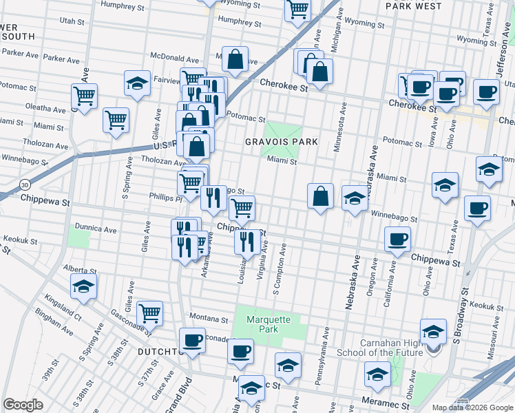 map of restaurants, bars, coffee shops, grocery stores, and more near 3718 Louisiana Avenue in St. Louis
