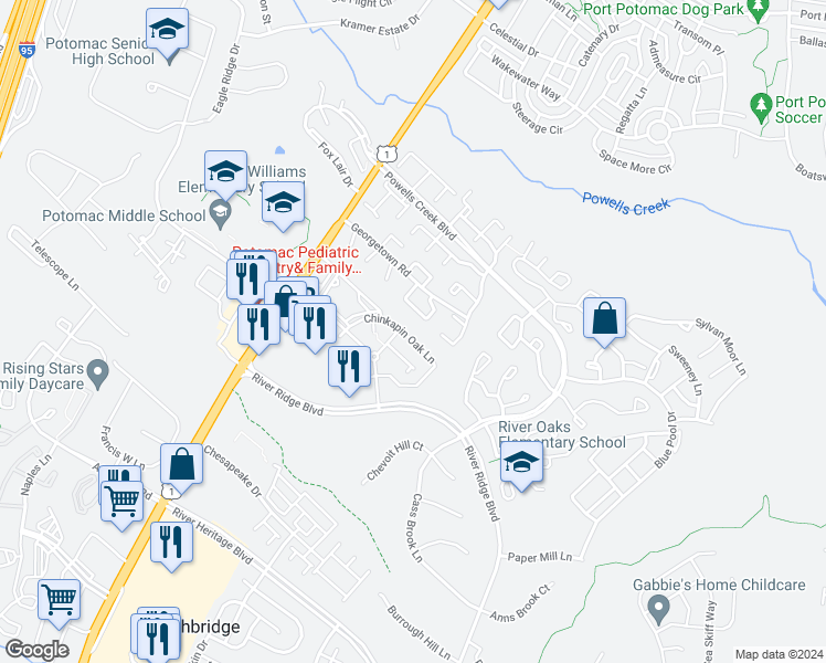 map of restaurants, bars, coffee shops, grocery stores, and more near 2986 Chinkapin Oak Lane in Woodbridge