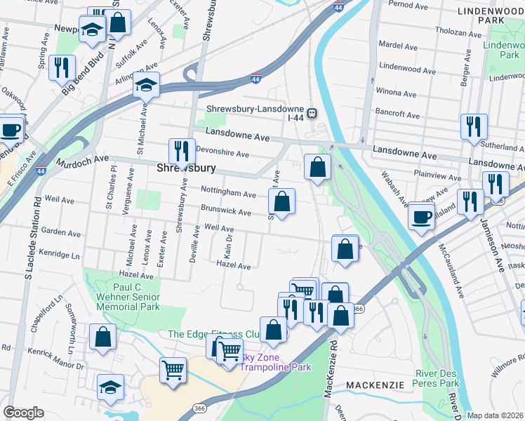 map of restaurants, bars, coffee shops, grocery stores, and more near 7305 Brunswick Avenue in St. Louis