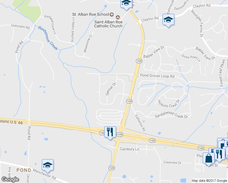 map of restaurants, bars, coffee shops, grocery stores, and more near 17119 Lafayette Trails Dr in Wildwood