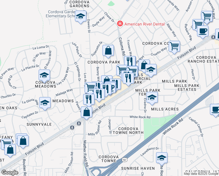 map of restaurants, bars, coffee shops, grocery stores, and more near 10347 Folsom Boulevard in Rancho Cordova