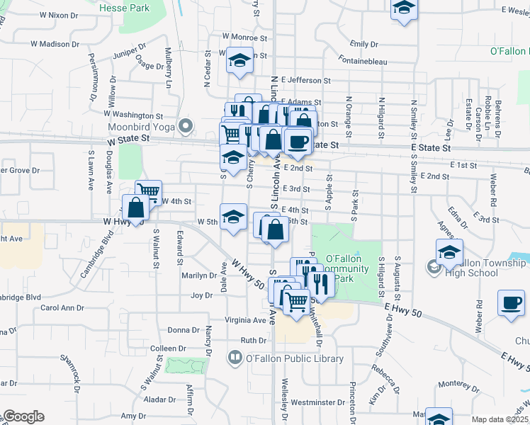 map of restaurants, bars, coffee shops, grocery stores, and more near 111 West 4th Street in O'Fallon