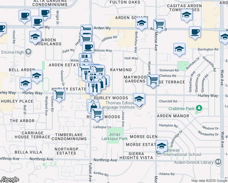 map of restaurants, bars, coffee shops, grocery stores, and more near 1300 Rowena Way in Sacramento