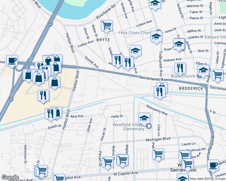 map of restaurants, bars, coffee shops, grocery stores, and more near 1633 Citrus Street in West Sacramento