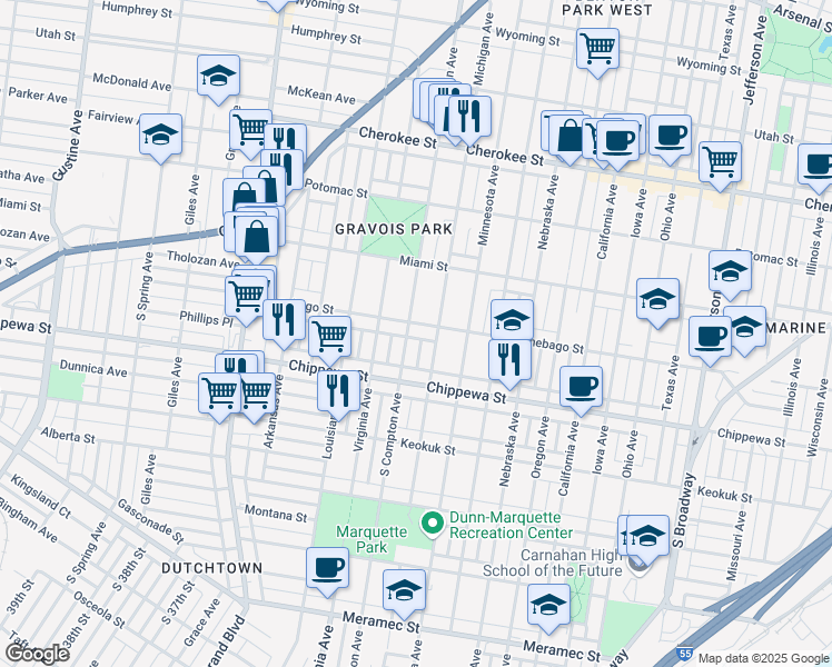 map of restaurants, bars, coffee shops, grocery stores, and more near 3128 Winnebago Street in St. Louis