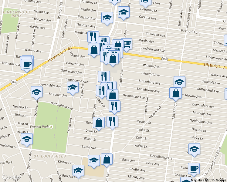 map of restaurants, bars, coffee shops, grocery stores, and more near 5809 Devonshire Avenue in St. Louis