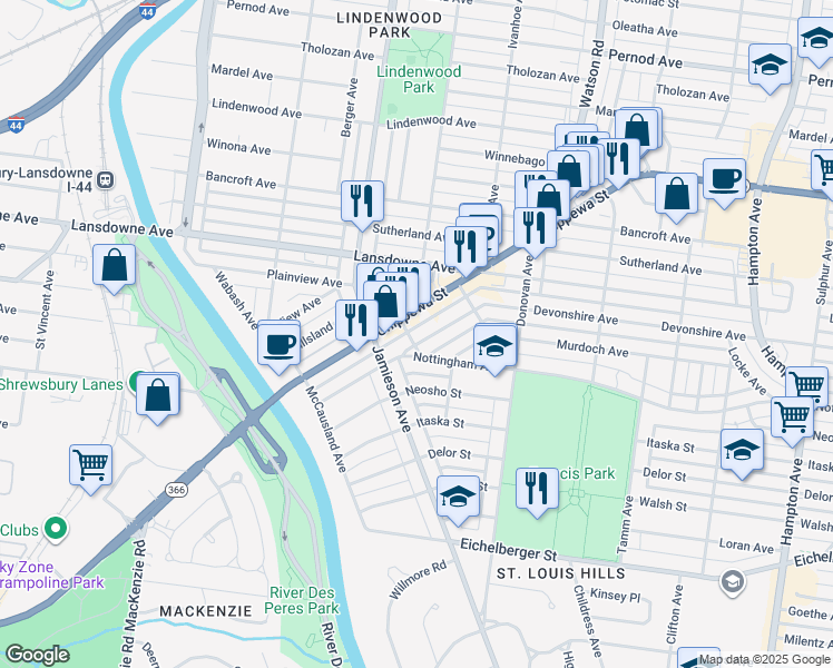 map of restaurants, bars, coffee shops, grocery stores, and more near 6663 Devonshire Avenue in St. Louis