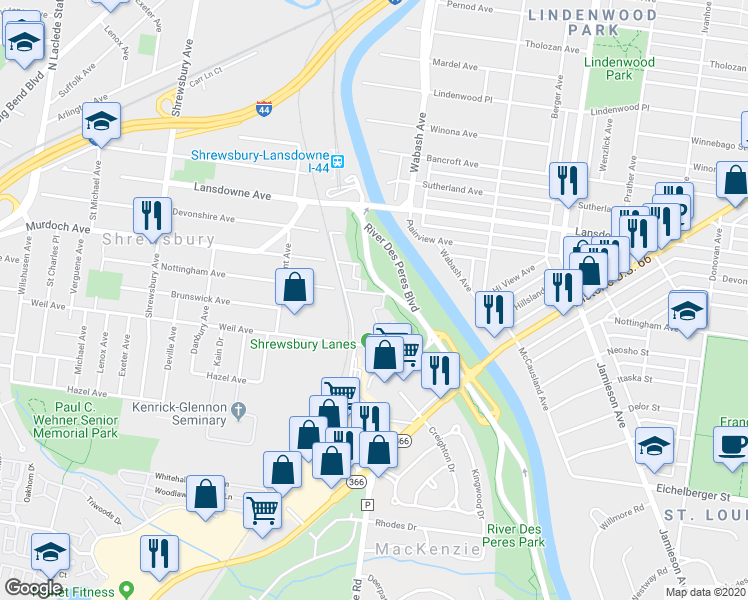 map of restaurants, bars, coffee shops, grocery stores, and more near 7030 Nottingham Avenue in St. Louis