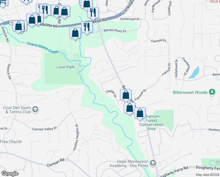 map of restaurants, bars, coffee shops, grocery stores, and more near 2432 Clarjon Drive in Ballwin
