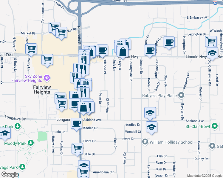 map of restaurants, bars, coffee shops, grocery stores, and more near 53 Judy Lane in Fairview Heights