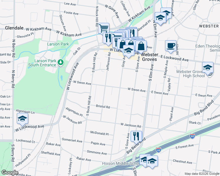 map of restaurants, bars, coffee shops, grocery stores, and more near 203 Parkhurst Terrace in St. Louis