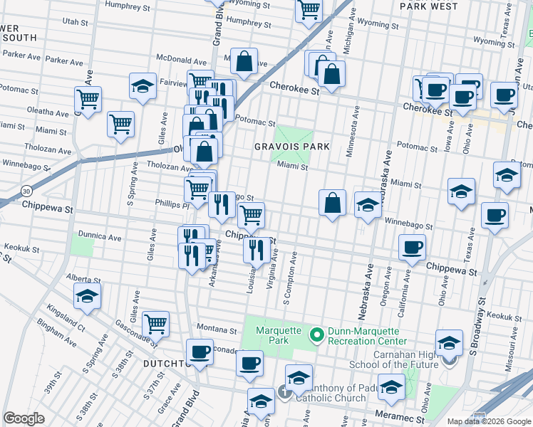 map of restaurants, bars, coffee shops, grocery stores, and more near 3718 Louisiana Avenue in St. Louis