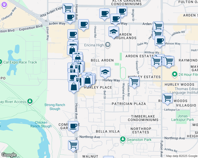 map of restaurants, bars, coffee shops, grocery stores, and more near 2281 Hurley Way in Sacramento