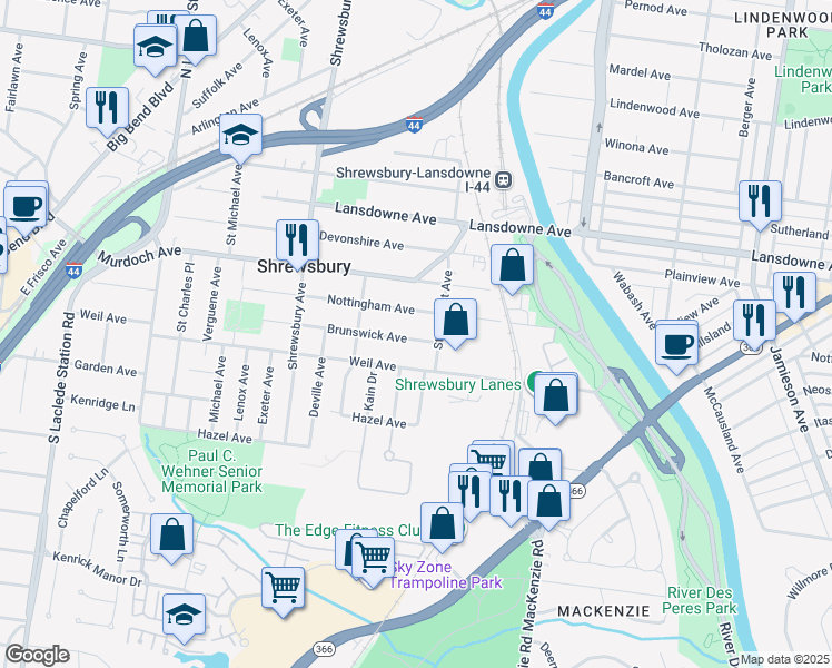 map of restaurants, bars, coffee shops, grocery stores, and more near 7305 Brunswick Avenue in St. Louis