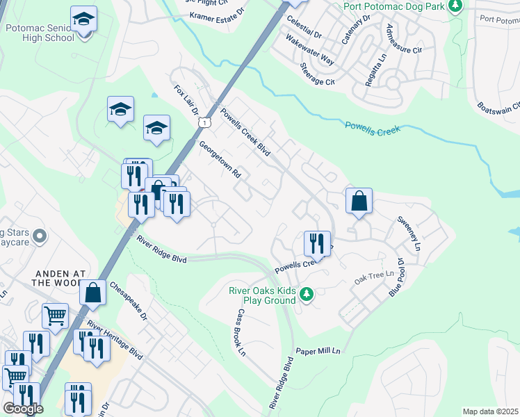 map of restaurants, bars, coffee shops, grocery stores, and more near 16713 Chowning Court in Woodbridge