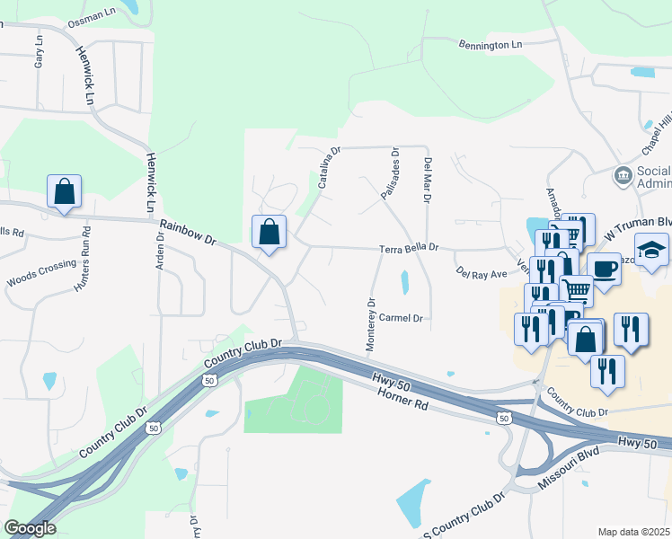map of restaurants, bars, coffee shops, grocery stores, and more near 111 Terra Bella Court in Jefferson City
