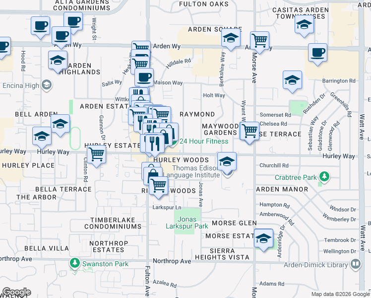 map of restaurants, bars, coffee shops, grocery stores, and more near 1300 Rowena Way in Sacramento