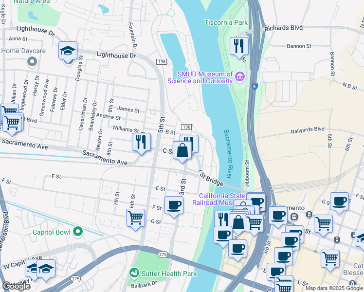 map of restaurants, bars, coffee shops, grocery stores, and more near 345 Metro Lane in West Sacramento