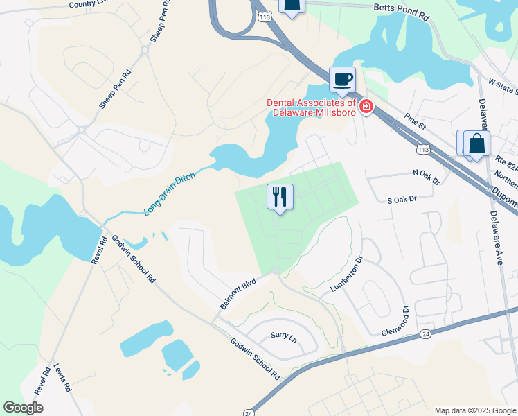 map of restaurants, bars, coffee shops, grocery stores, and more near 20288 Bridgewater Road in Millsboro