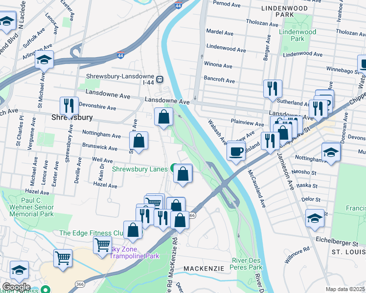 map of restaurants, bars, coffee shops, grocery stores, and more near 7030 Nottingham Avenue in St. Louis