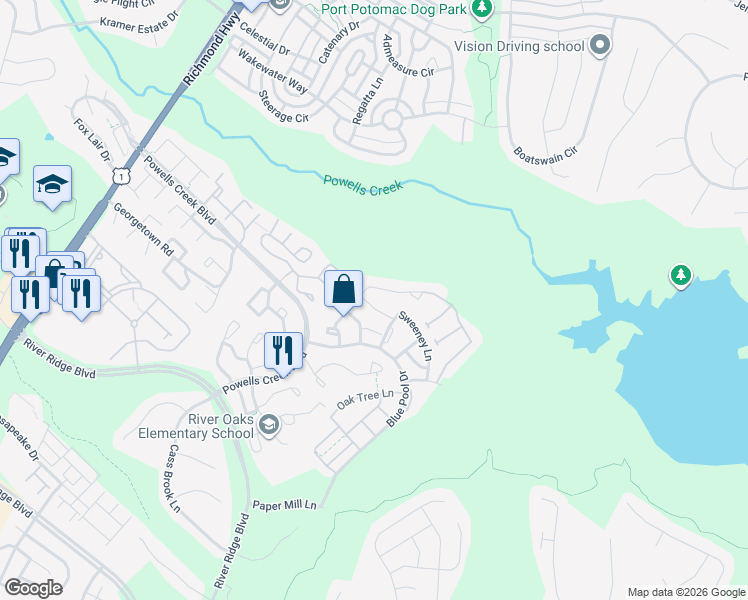 map of restaurants, bars, coffee shops, grocery stores, and more near 2576 Grayton Lane in Woodbridge