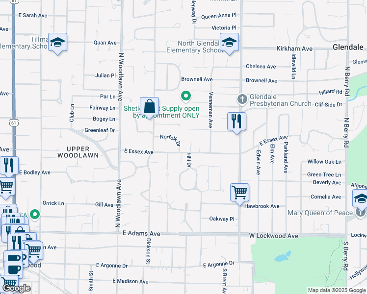 map of restaurants, bars, coffee shops, grocery stores, and more near 651 Norfolk Drive in Kirkwood