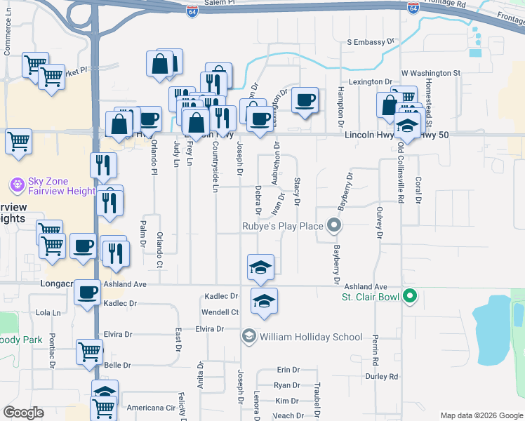 map of restaurants, bars, coffee shops, grocery stores, and more near 120 Debra Drive in Fairview Heights