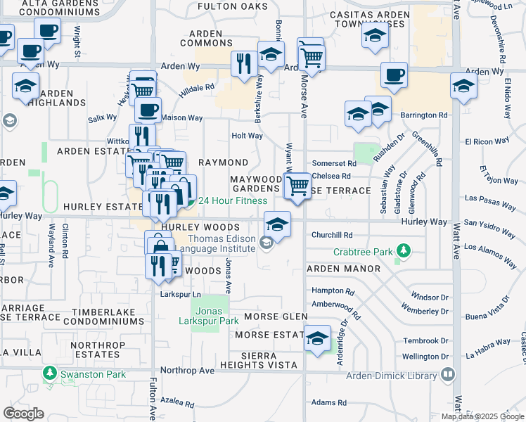 map of restaurants, bars, coffee shops, grocery stores, and more near 1304 Topaz Way in Sacramento