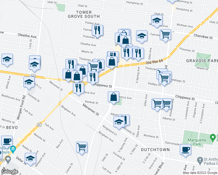 map of restaurants, bars, coffee shops, grocery stores, and more near 3910 Chippewa Street in St. Louis