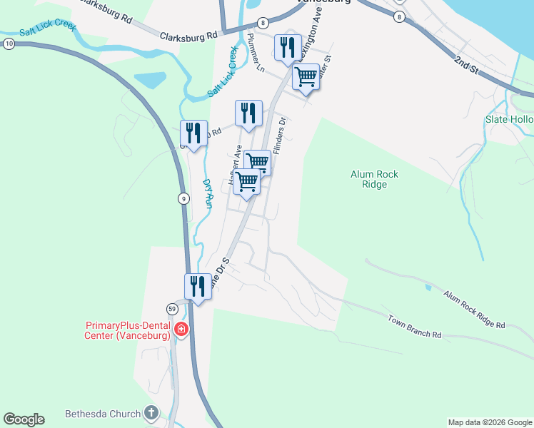 map of restaurants, bars, coffee shops, grocery stores, and more near 3 High Street in Vanceburg