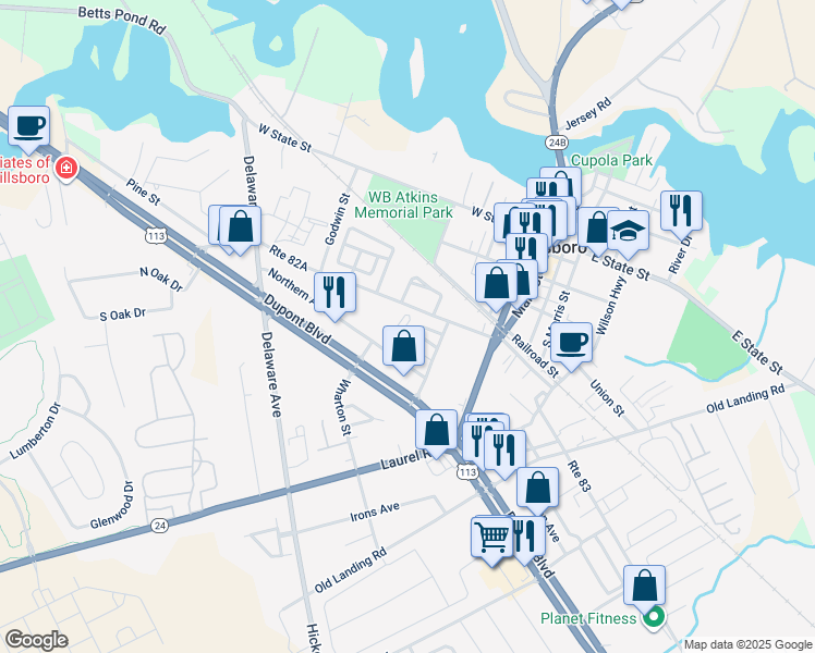 map of restaurants, bars, coffee shops, grocery stores, and more near 1120 Houston Drive in Millsboro