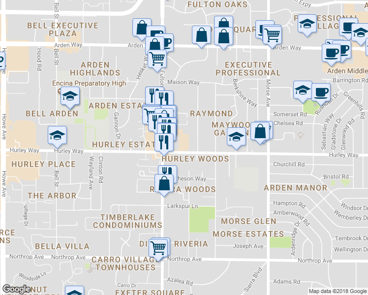 map of restaurants, bars, coffee shops, grocery stores, and more near 1304 Fulton Avenue in Sacramento