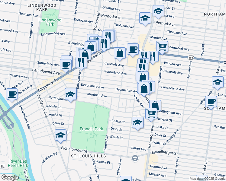 map of restaurants, bars, coffee shops, grocery stores, and more near 6328 Devonshire Avenue in St. Louis