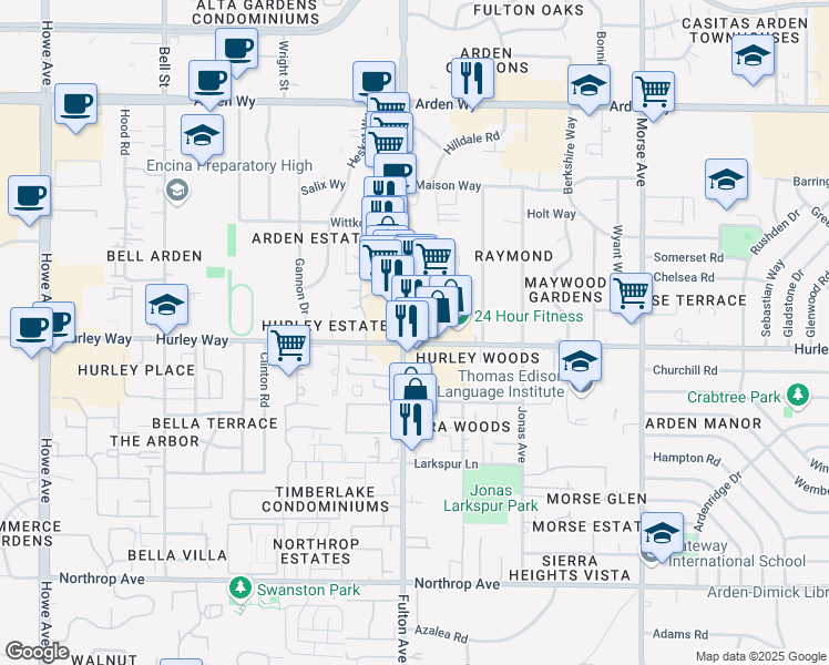 map of restaurants, bars, coffee shops, grocery stores, and more near 1300 Fulton Avenue in Sacramento
