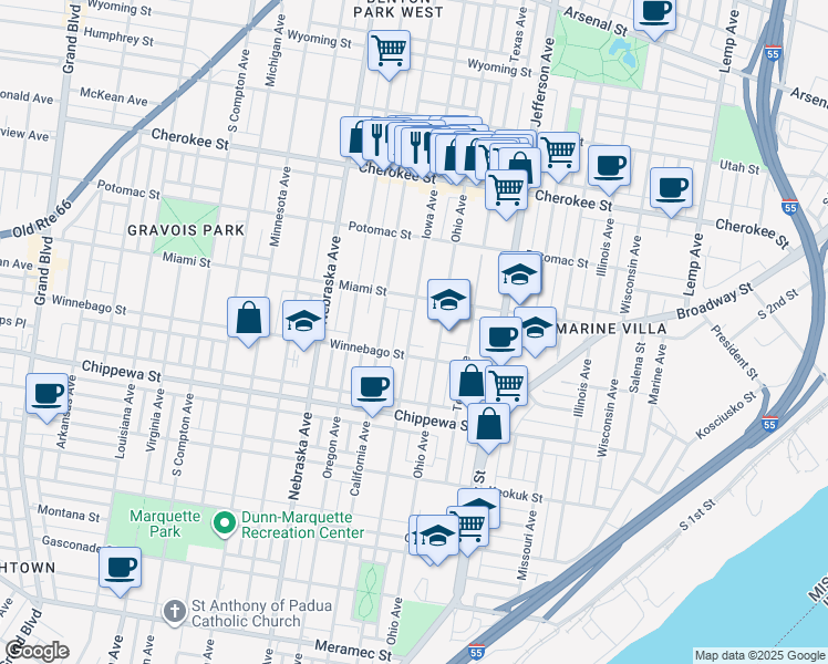 map of restaurants, bars, coffee shops, grocery stores, and more near 3634 Iowa Avenue in St. Louis