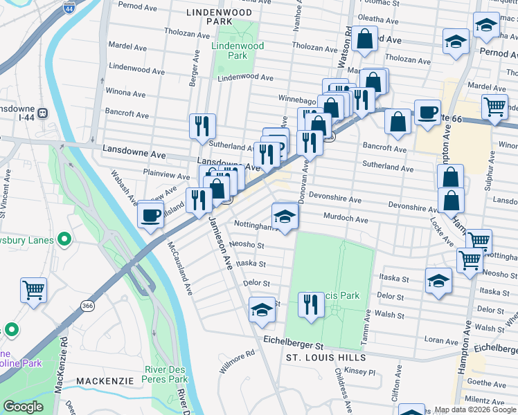 map of restaurants, bars, coffee shops, grocery stores, and more near 6630 Devonshire Avenue in St. Louis