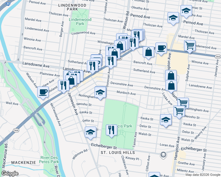 map of restaurants, bars, coffee shops, grocery stores, and more near 6469 Murdoch Avenue in Saint Louis