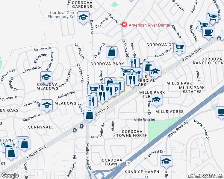 map of restaurants, bars, coffee shops, grocery stores, and more near 10347 Folsom Boulevard in Rancho Cordova