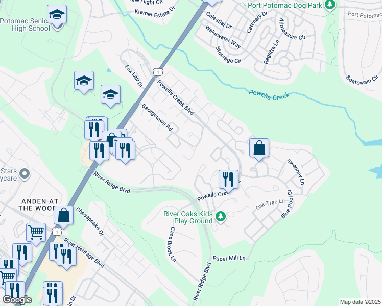 map of restaurants, bars, coffee shops, grocery stores, and more near 16718 Georgetown Road in Woodbridge