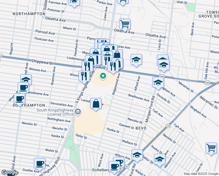 map of restaurants, bars, coffee shops, grocery stores, and more near 4421 Ridgewood Avenue in St. Louis