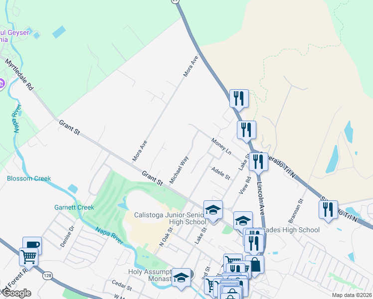 map of restaurants, bars, coffee shops, grocery stores, and more near 1719 Michael Way in Calistoga