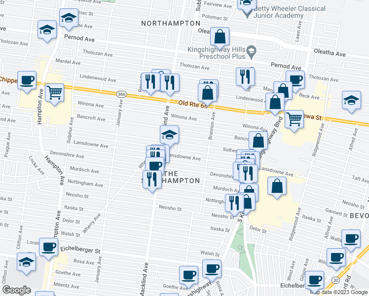 map of restaurants, bars, coffee shops, grocery stores, and more near 5302 Sutherland Avenue in St. Louis