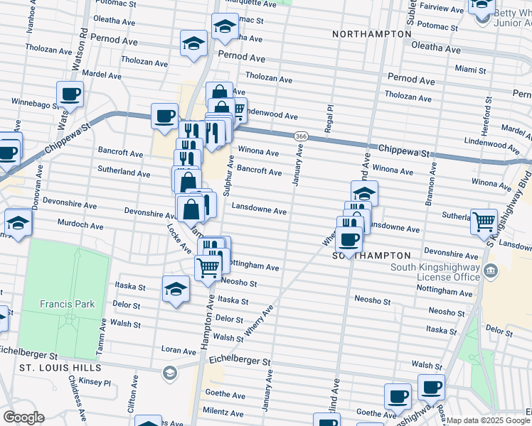 map of restaurants, bars, coffee shops, grocery stores, and more near 5640 Lansdowne Avenue in St. Louis